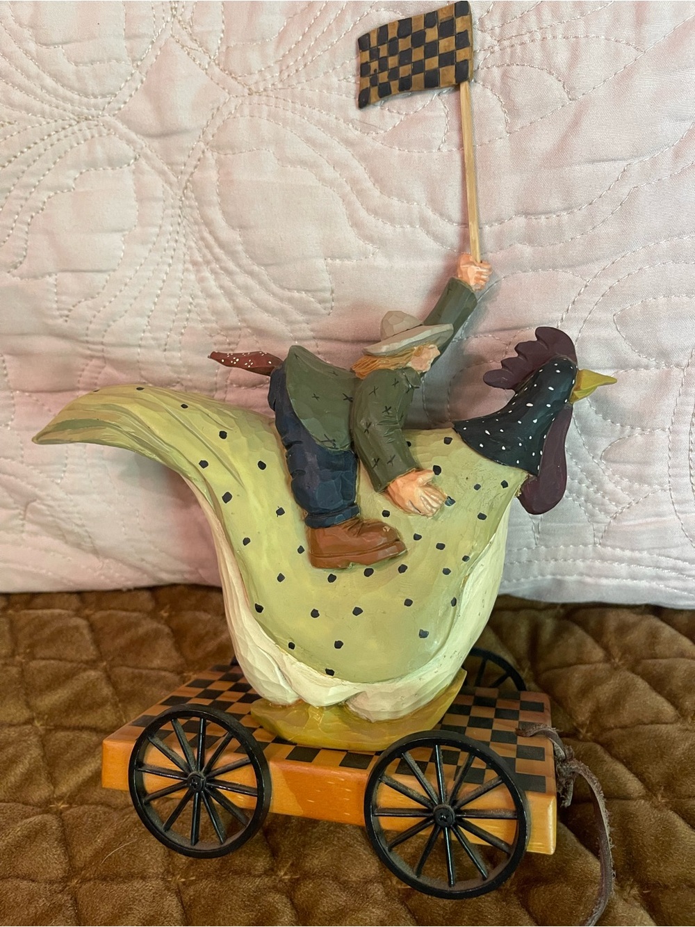 Hand-Painted Folk Art Chicken Sculpture - Green,cream and black